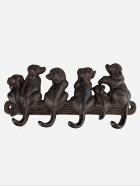 Antique Cast Iron Sitting Dogs 4-Hook Wall Rack 8"